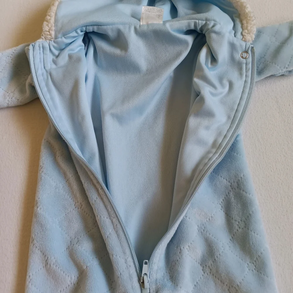 Blue Hooded Footie One Piece with Enclosed Feet Sz 3-6M With Zipper